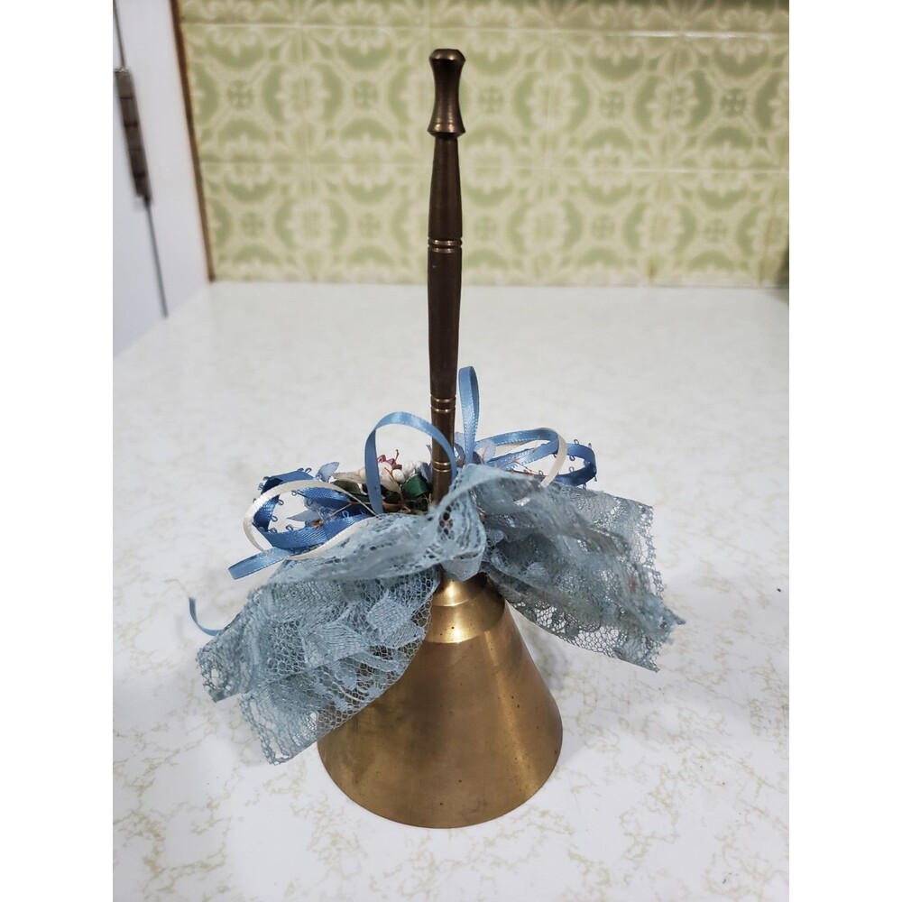 Vintage Solid Brass Handheld School Bell India 7" With Ribbon Floral Attached